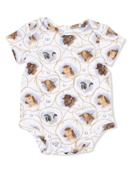 Short-sleeve baby bodysuit with a farm animal print featuring cows, horses, and other livestock in a playful design.