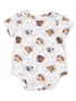 Short-sleeve baby bodysuit with a farm animal print featuring cows, horses, and other livestock in a playful design.