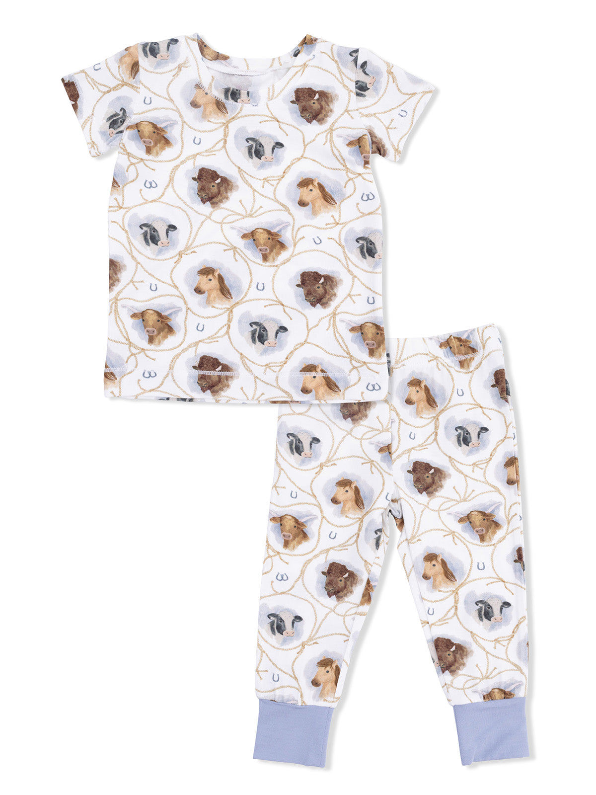 Children's two-piece pajamas featuring a playful animal print with cows and horses on a light background.