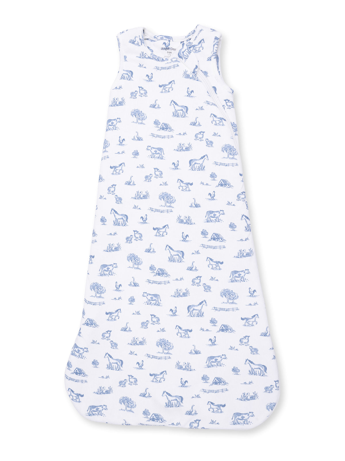 Children's sleep sack featuring blue animal and nature patterns on a white background. Ideal for cozy bedtime.