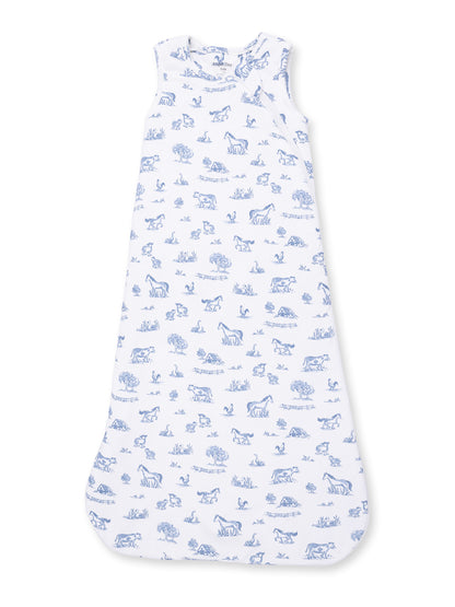 Children's sleep sack featuring blue animal and nature patterns on a white background. Ideal for cozy bedtime.