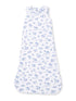 Children's sleep sack featuring blue animal and nature patterns on a white background. Ideal for cozy bedtime.