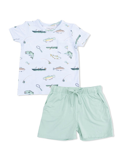 Light blue children's outfit featuring a fish-patterned t-shirt and mint green shorts.