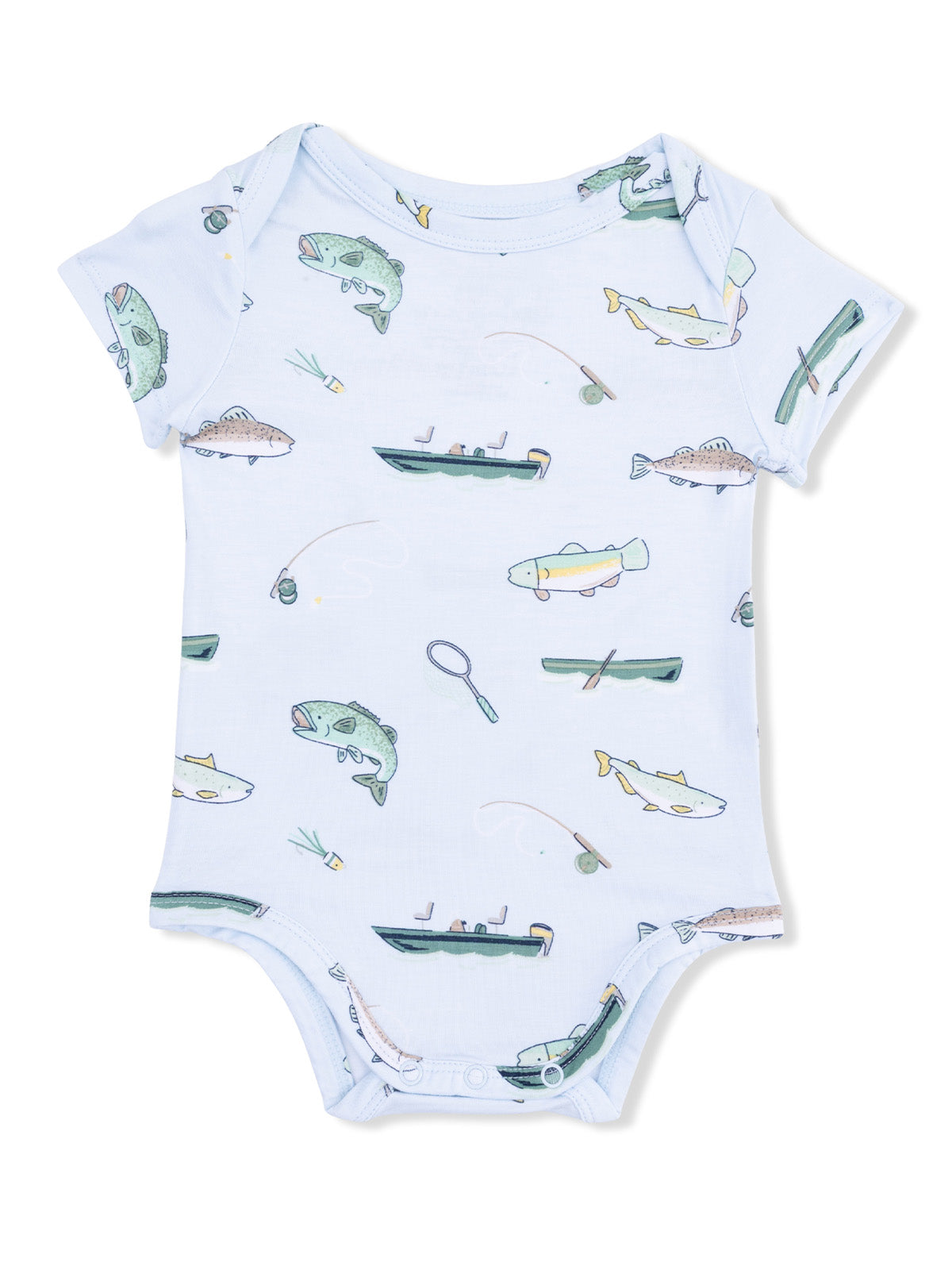 Light blue baby onesie with fishing-themed prints of fish, boats, and fishing gear.