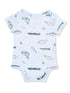 Light blue baby onesie with fishing-themed prints of fish, boats, and fishing gear.