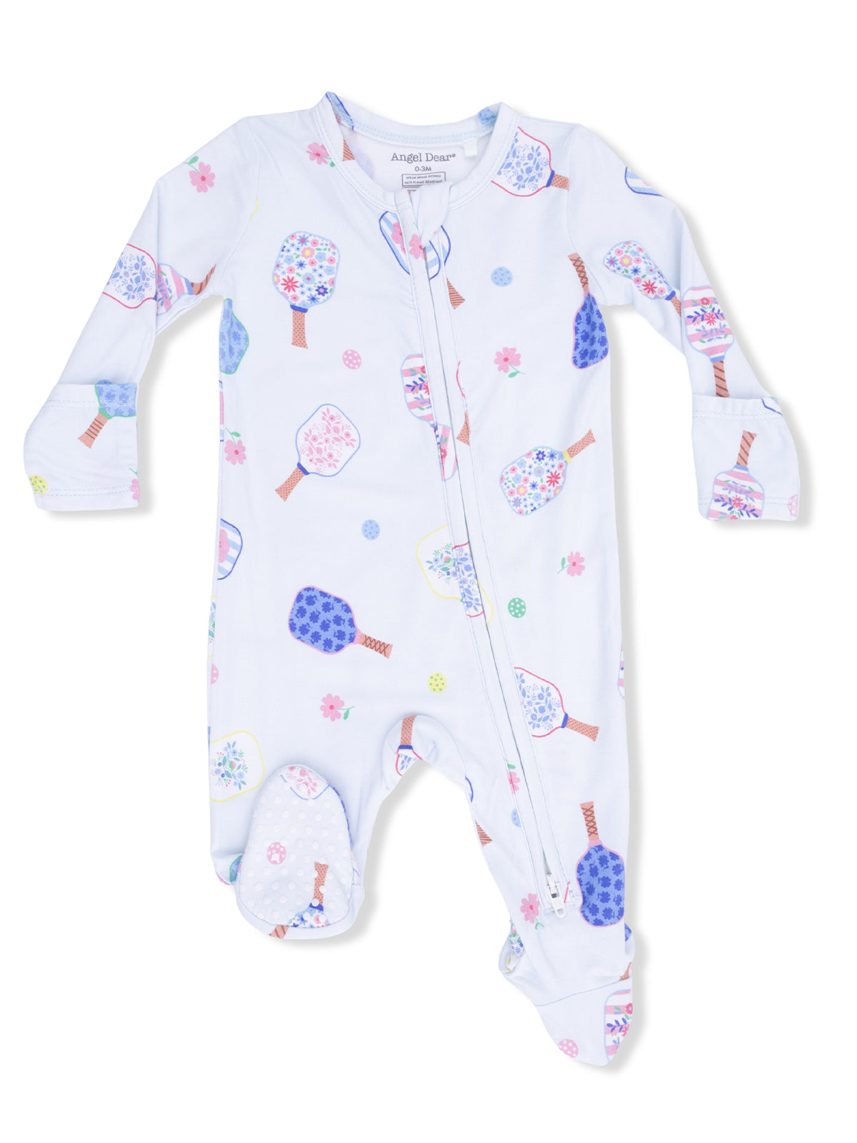 White baby onesie with colorful flower and paddle patterns, featuring a front zipper and footed design.