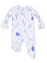 White baby onesie with colorful flower and paddle patterns, featuring a front zipper and footed design.