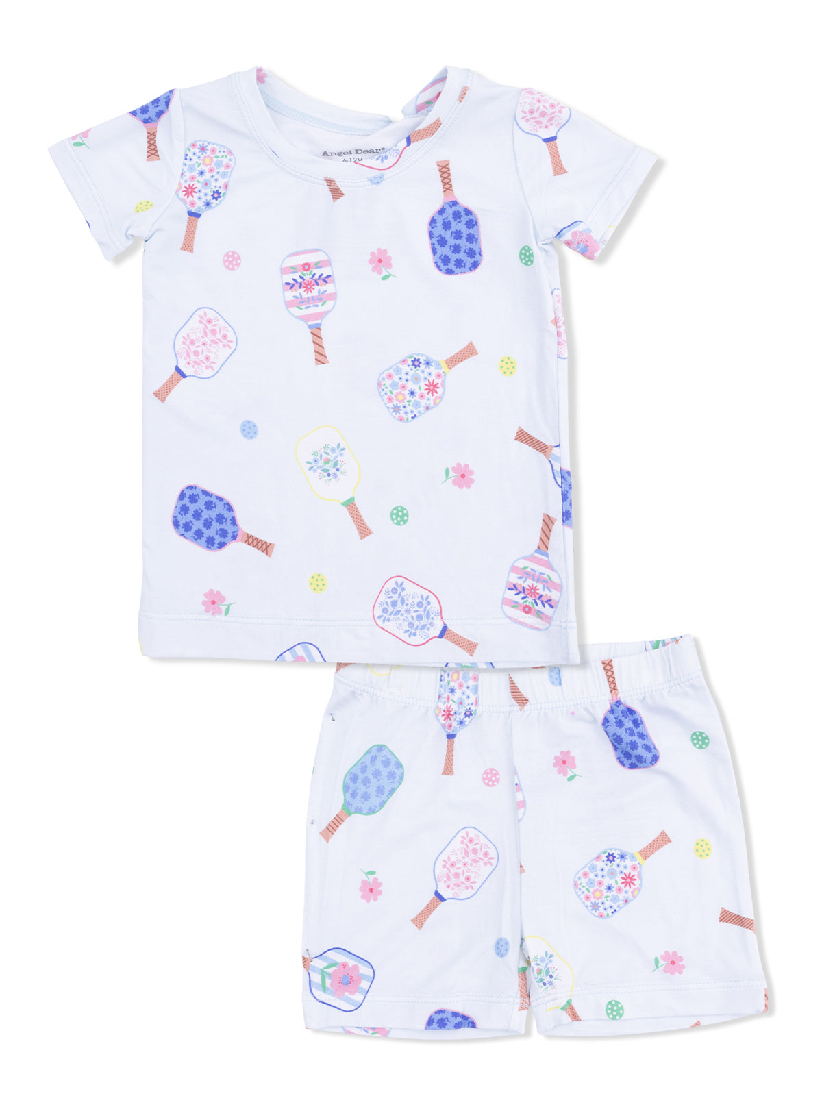 Kids' two-piece pajama set with floral pattern and colorful paddles on a light background.