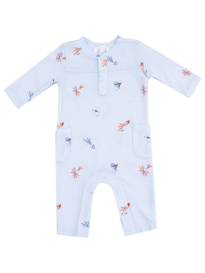 Light blue baby romper with colorful fish designs, featuring long sleeves and pockets. Ideal for casual wear.