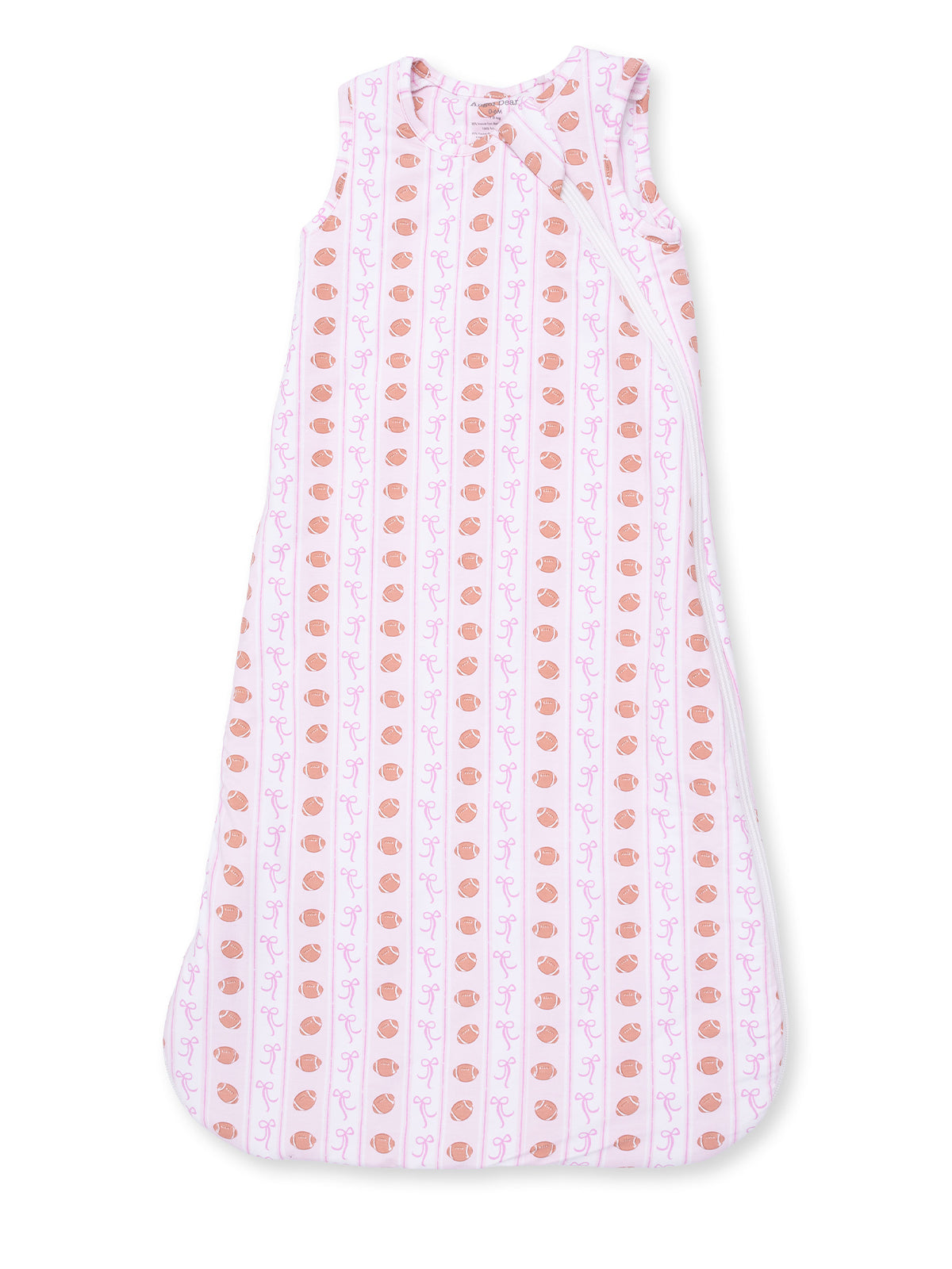 Light pink sleep sack with a pattern of cups and bows, perfect for infants and toddlers.