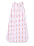 Light pink sleep sack with a pattern of cups and bows, perfect for infants and toddlers.