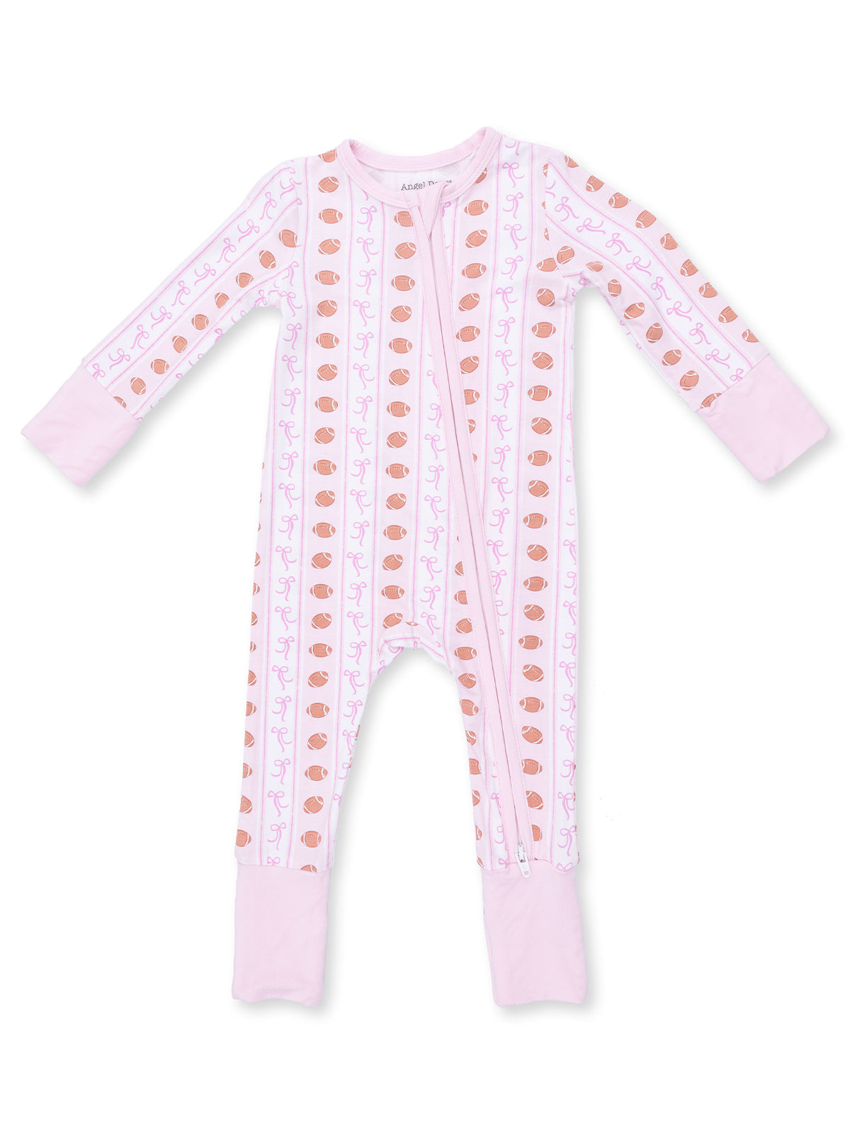 Pink zip-up onesie with playful patterns of bows and acorns on the front and solid pink cuffs. Ideal for toddlers.