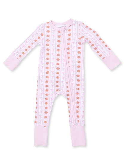 Pink zip-up onesie with playful patterns of bows and acorns on the front and solid pink cuffs. Ideal for toddlers.