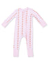 Pink zip-up onesie with playful patterns of bows and acorns on the front and solid pink cuffs. Ideal for toddlers.