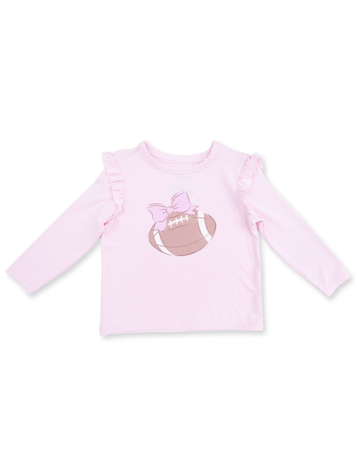Pink long-sleeve shirt with ruffles featuring a printed football and bow design on the front.