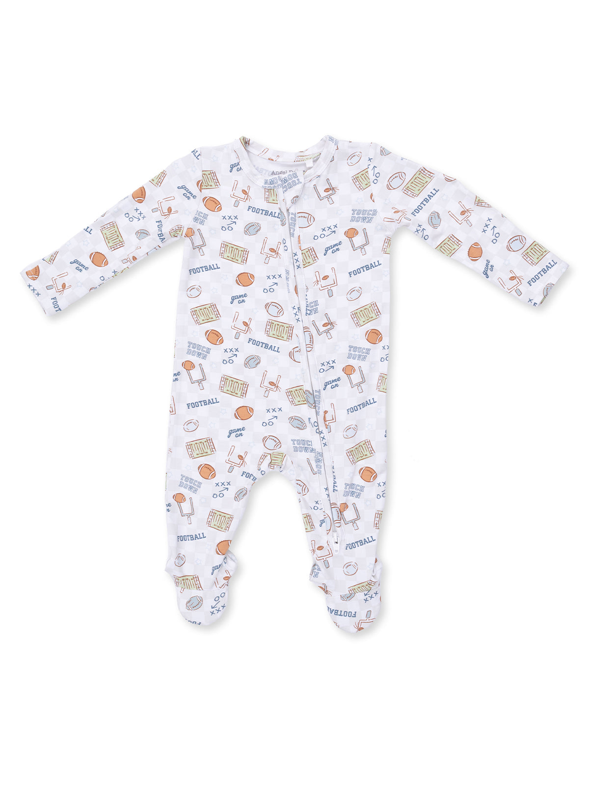 White baby onesie with colorful football-themed prints, featuring balls, helmets, and game elements.
