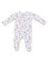 White baby onesie with colorful football-themed prints, featuring balls, helmets, and game elements.