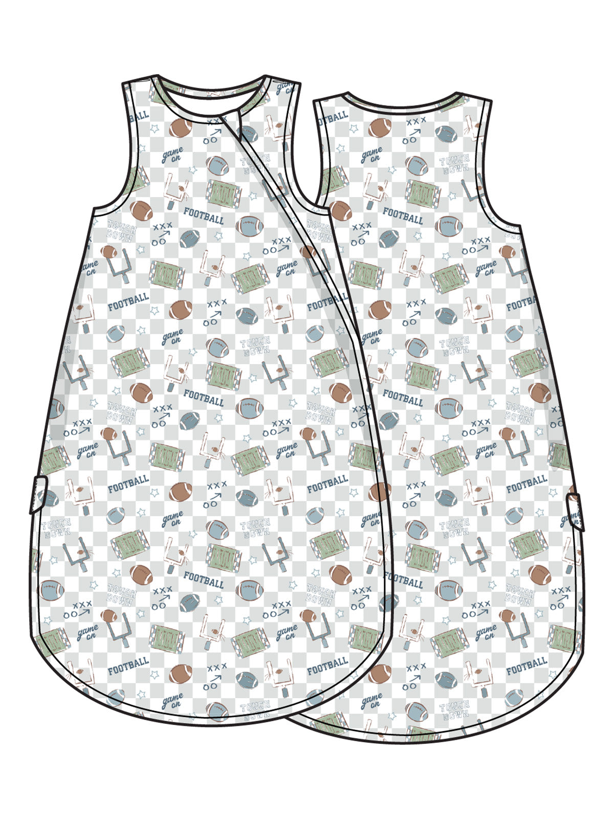 Baby sleep sack featuring football-themed designs with balls, goalposts, and playful text.