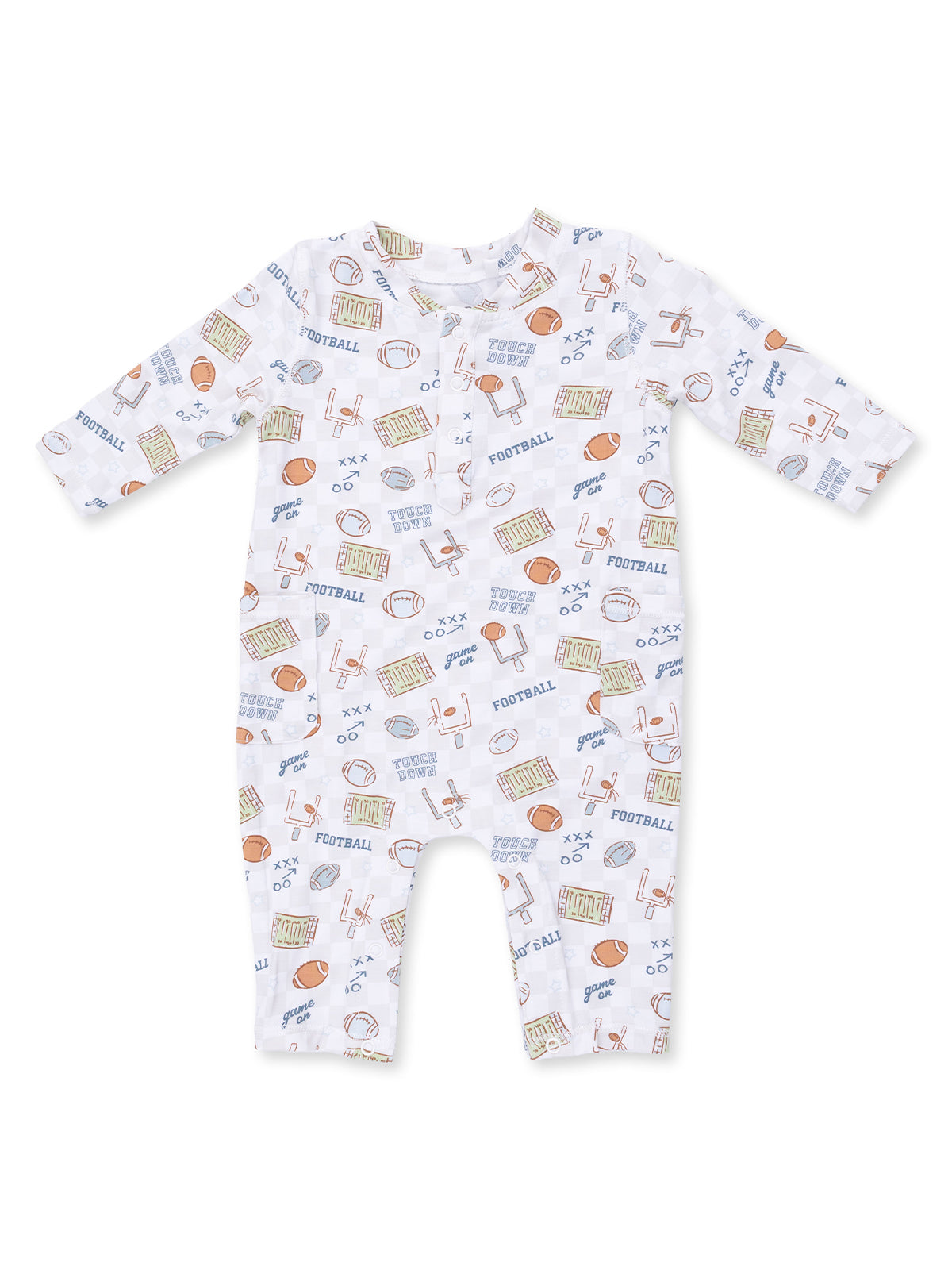 White baby romper with football-themed print including balls, goalposts, and the word "football."