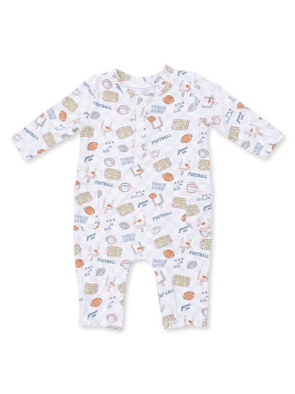 White baby romper with football-themed print including balls, goalposts, and the word "football."