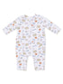 White baby romper with football-themed print including balls, goalposts, and the word "football."