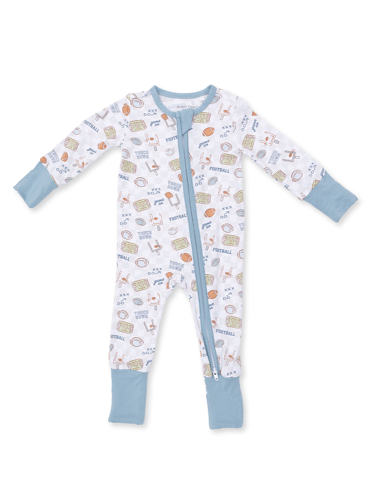 White football-themed onesie with blue accents and zipper closure. Ideal for young sports fans.