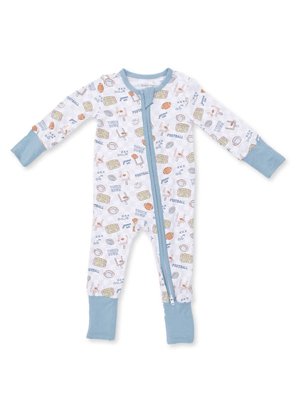 White football-themed onesie with blue accents and zipper closure. Ideal for young sports fans.