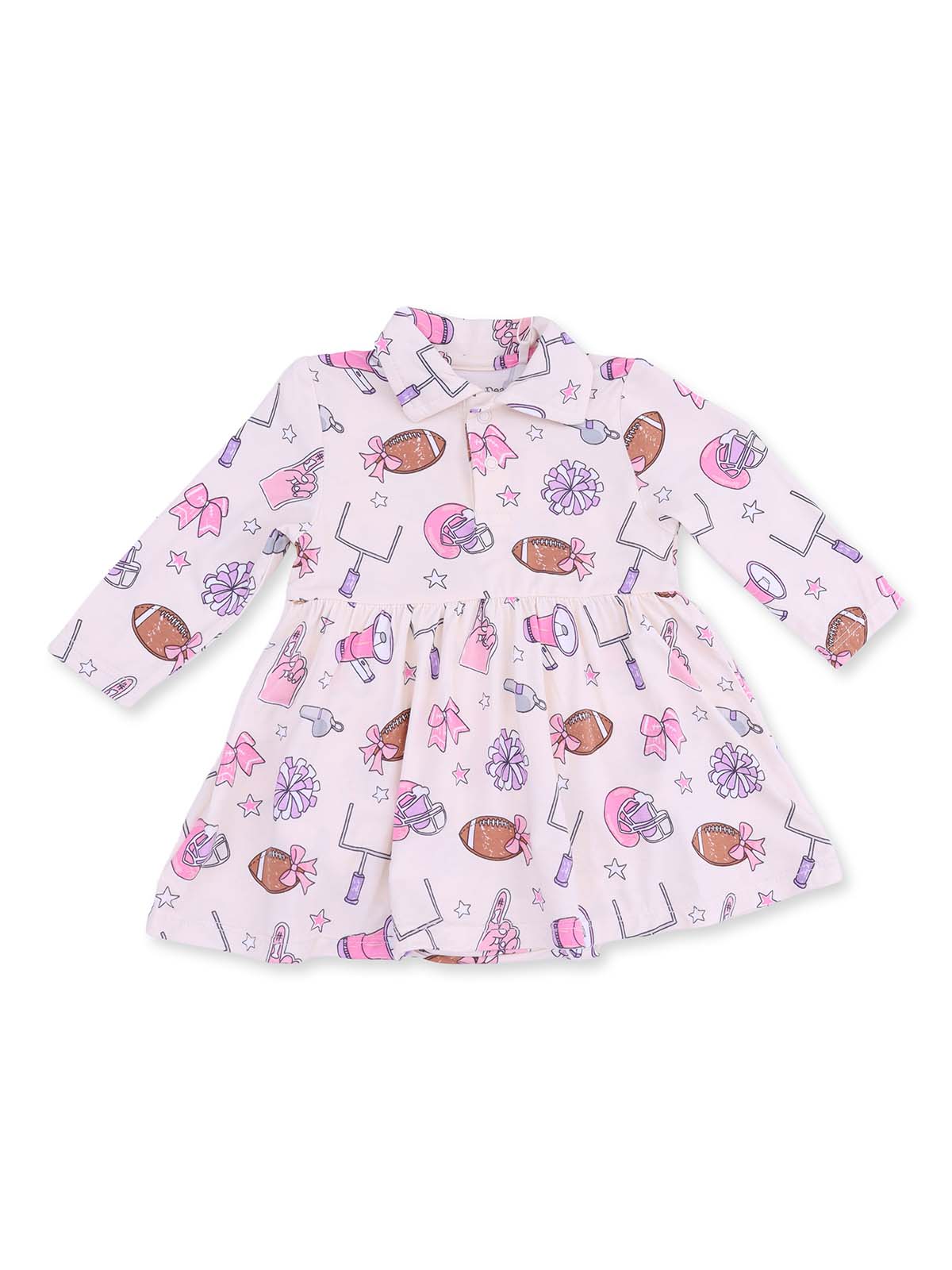 Pink dress with playful sports-themed patterns, including footballs, cheerleading bows, and pom-poms.