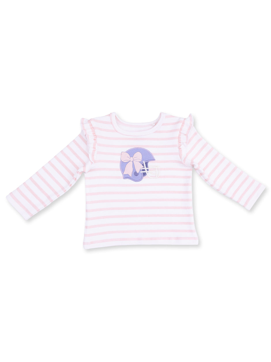 Pink and white striped long-sleeve shirt with ruffles and a football helmet graphic with a bow.