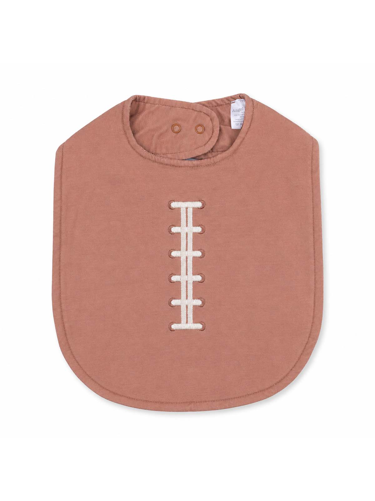 Pink baby bib with a football stitch design, featuring a snap closure at the neck. Ideal for mealtime.