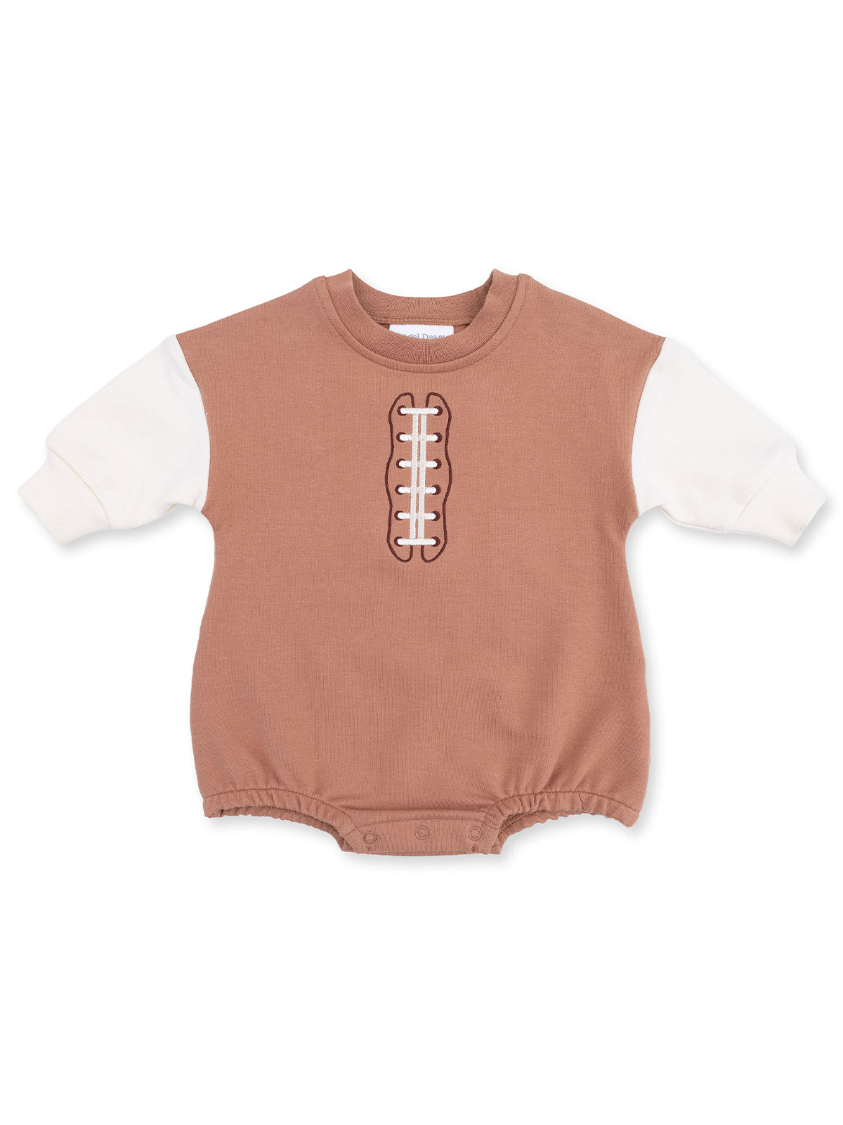 Brown baby onesie with white sleeves and football stitching design on the front. Perfect for sports fans.