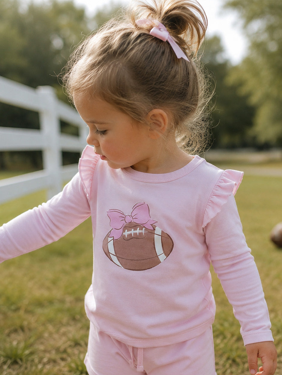 Long Sleeve Ruffle Tee, Football Pink