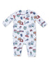 Infant onesie featuring a colorful sports-themed pattern with badges and illustrations of children playing sports.