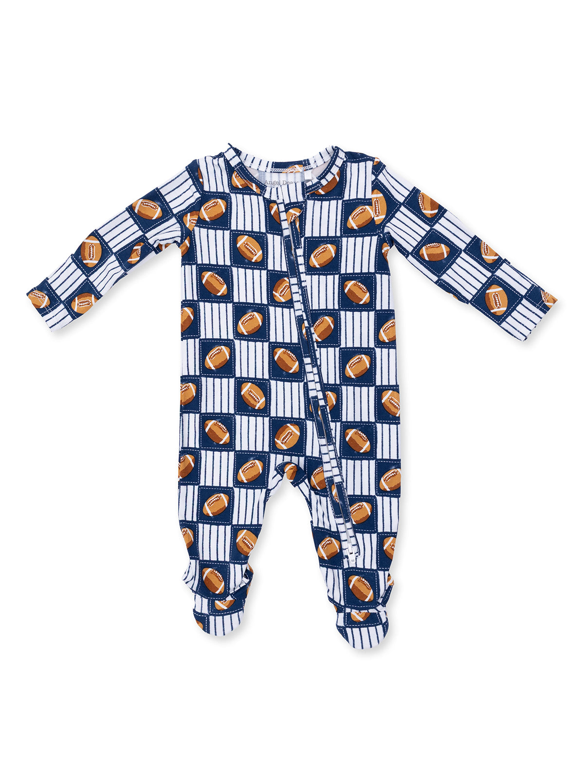 Blue and white striped baby onesie featuring a football pattern.