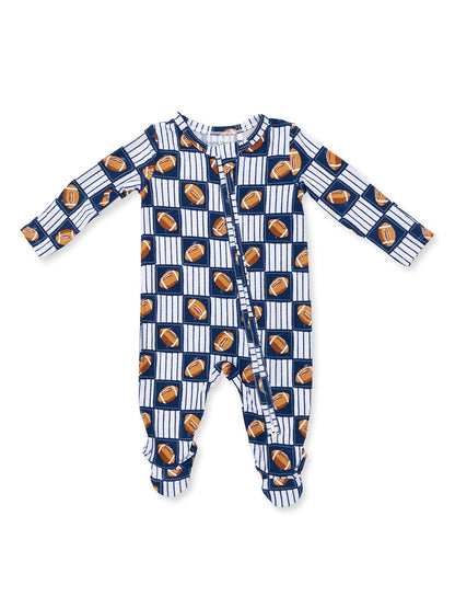 Blue and white striped baby onesie featuring a football pattern.