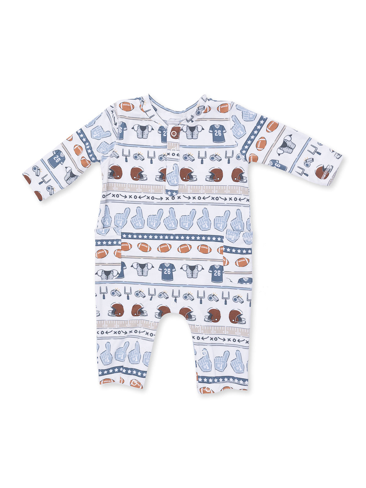 Baby romper with playful sports-themed print, featuring helmets, jerseys, and footballs in blue and brown colors.