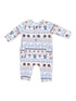 Baby romper with playful sports-themed print, featuring helmets, jerseys, and footballs in blue and brown colors.