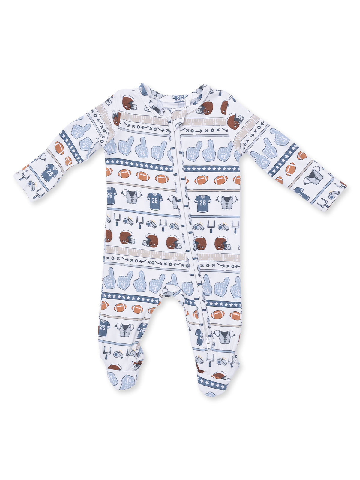 Baby onesie with fun sports-themed patterns, featuring footballs, helmets, and jerseys in blue and brown hues.