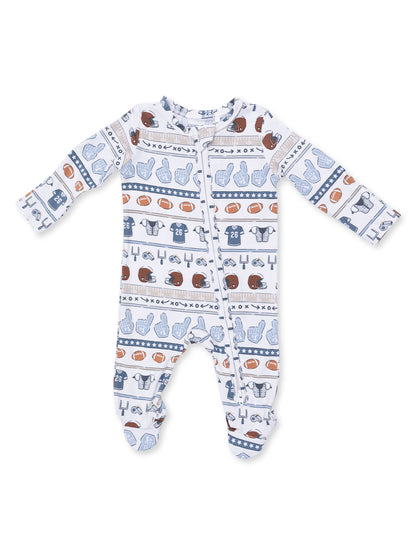 Baby onesie with fun sports-themed patterns, featuring footballs, helmets, and jerseys in blue and brown hues.