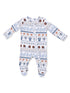 Baby onesie with fun sports-themed patterns, featuring footballs, helmets, and jerseys in blue and brown hues.