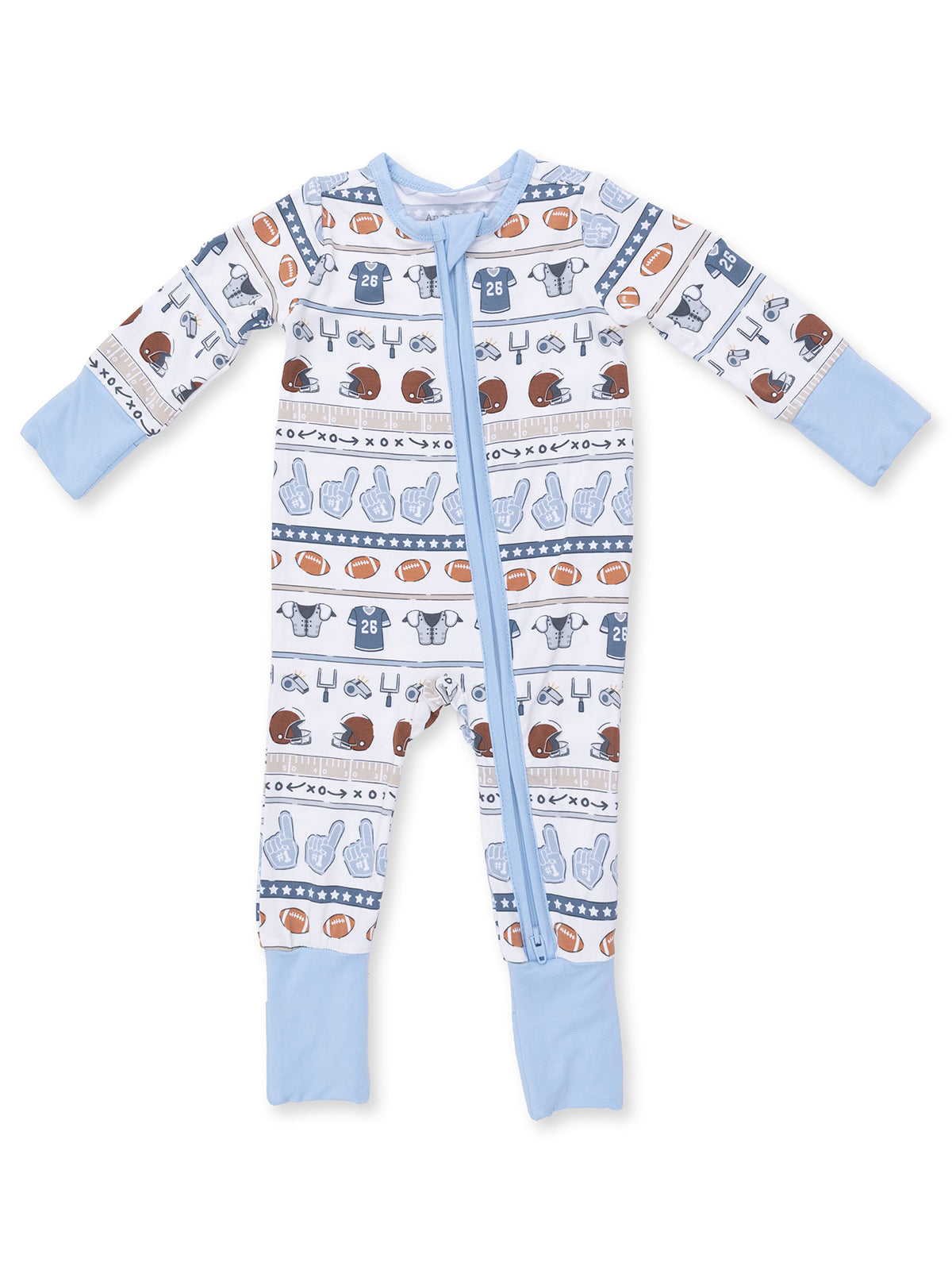 Light blue onesie with sports-themed patterns, featuring helmets, footballs, and jerseys. Zipper front design.