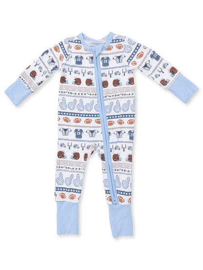 Light blue onesie with sports-themed patterns, featuring helmets, footballs, and jerseys. Zipper front design.