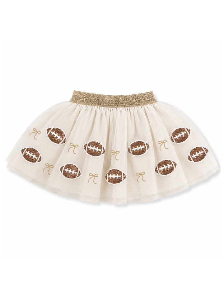 Cream-colored tutu skirt with football patterns and gold bows along the hem. Perfect for sports-themed occasions.