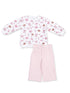White long-sleeve shirt with pink print and matching pink pants, suitable for children.