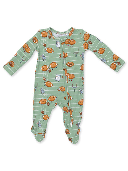 Green infant onesie with playful football and cartoon character prints. Features zipper for easy dressing.