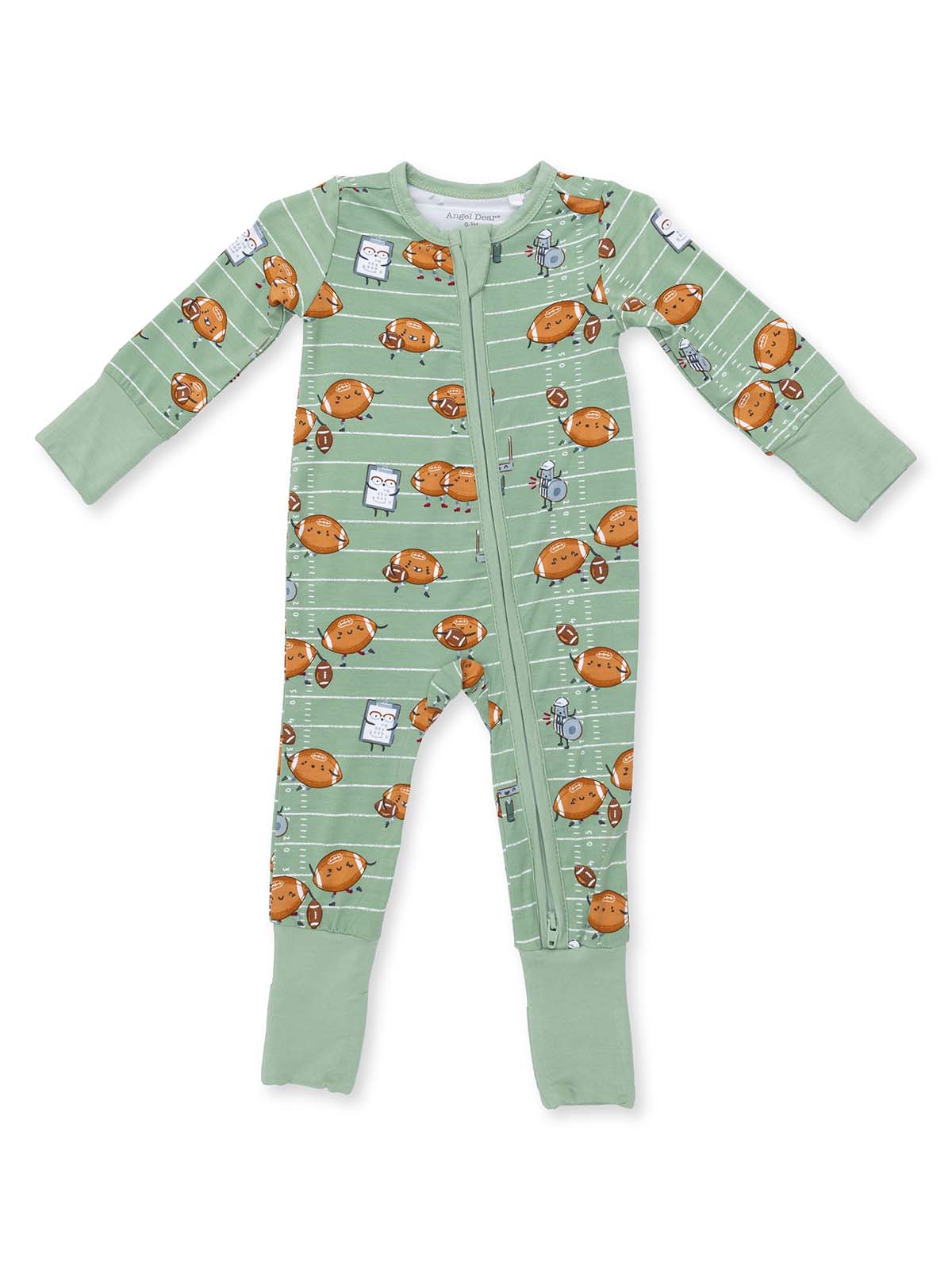 Green baby onesie with cartoon footballs and playful characters on a striped background.