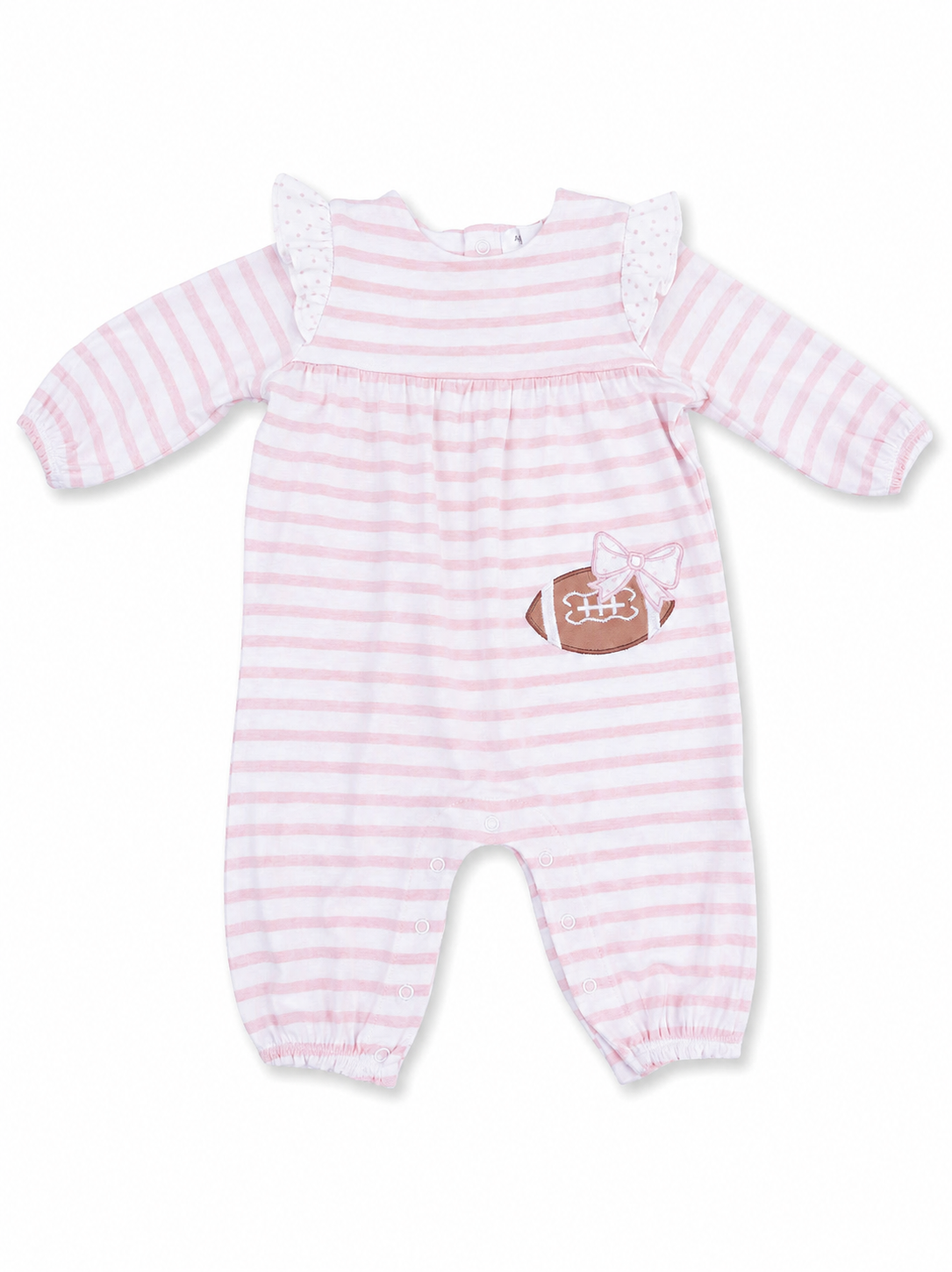 Pink striped infant romper with ruffled sleeves and a football appliqué featuring a bow. Ideal for casual wear.