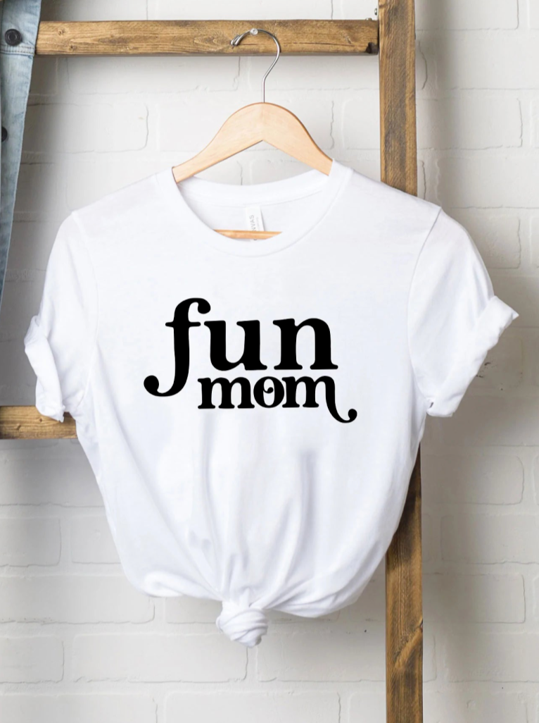 White t-shirt hanging with "fun mom" text design, ideal for casual wear.