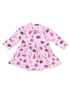 Pink dress with sports patterns, including footballs, pom-poms, and bows, ideal for young girls.