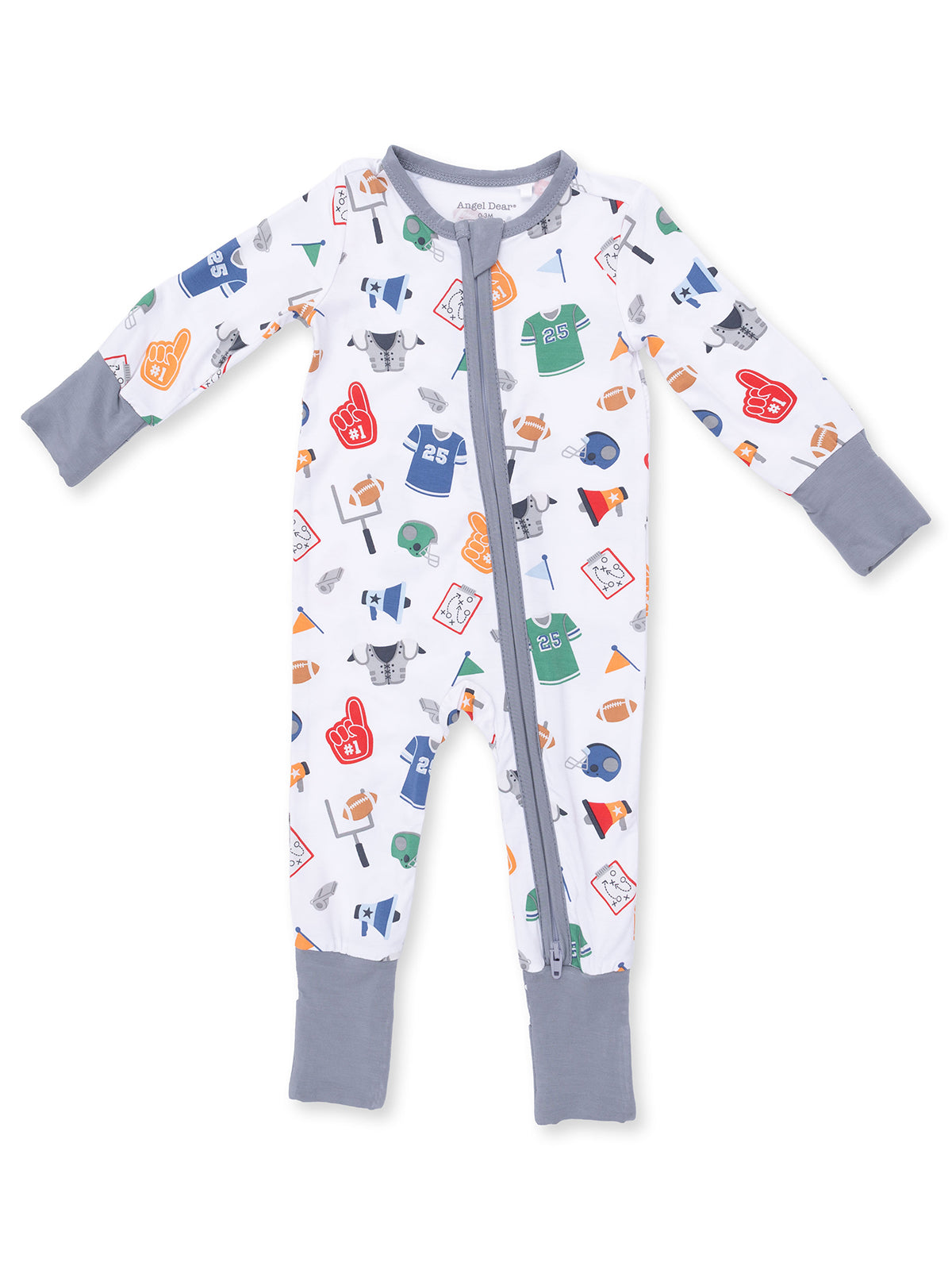 Children's sports-themed pajama suit featuring various sports icons and a front zipper closure.